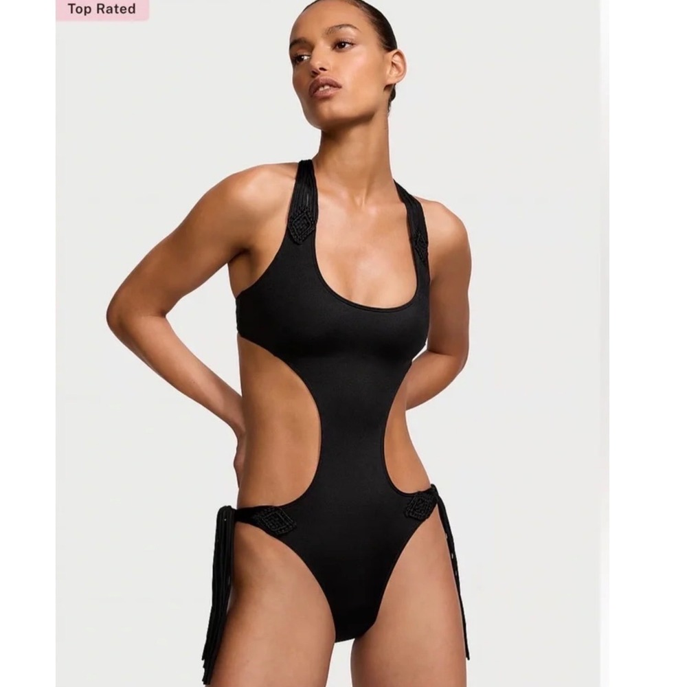 Victoria Secret Archives Monokini Swimsuit Womens S Black Macrame Fringe Cut Out